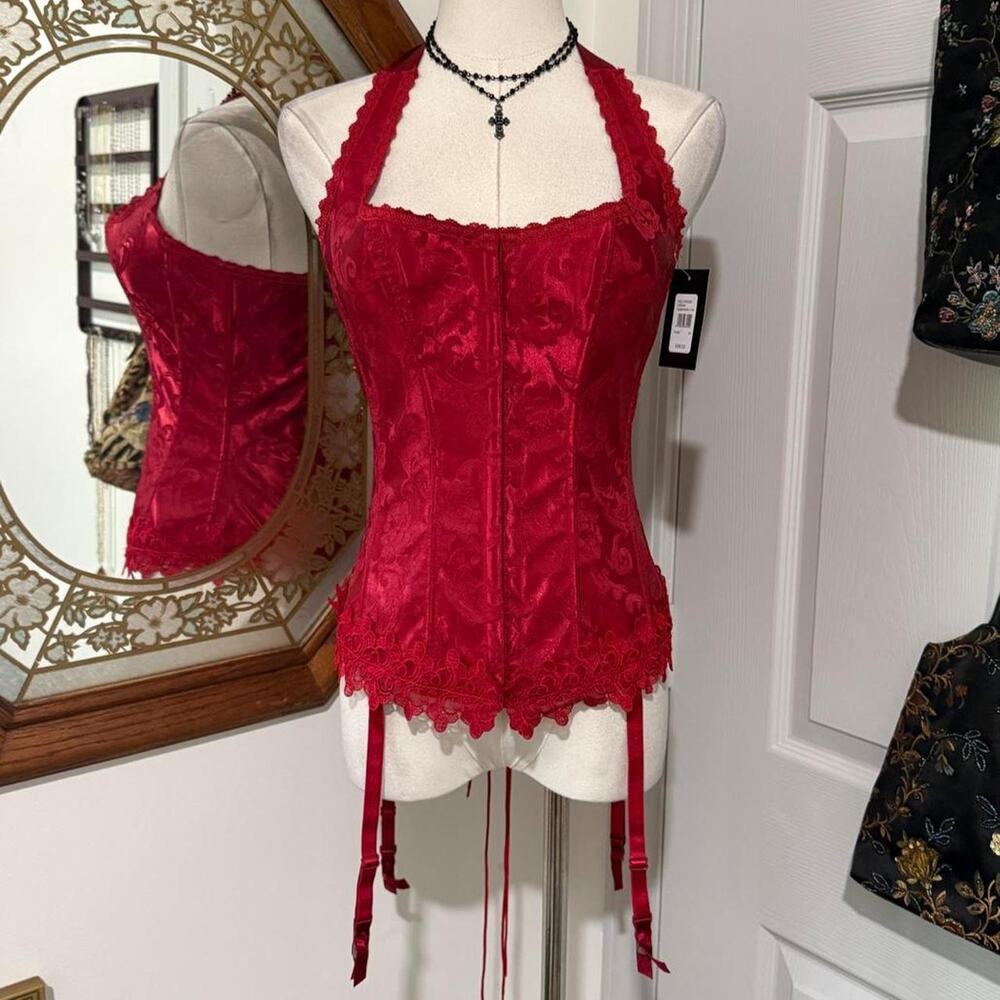 NWT Y2K Frederick's of Hollywood Romantic Red Baroque Lace Trim Halter Corset